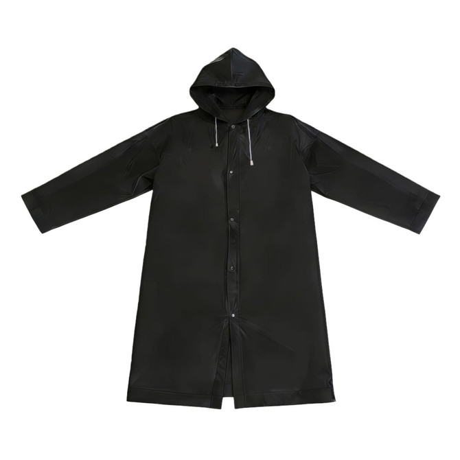 A black reusable PEVA raincoat with a hood, featuring long sleeves and a front closure, includes branding.