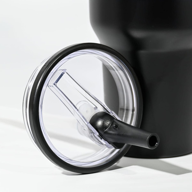 A drink bottle with a clear lid and black straw, featuring a sleek black body and a logo.