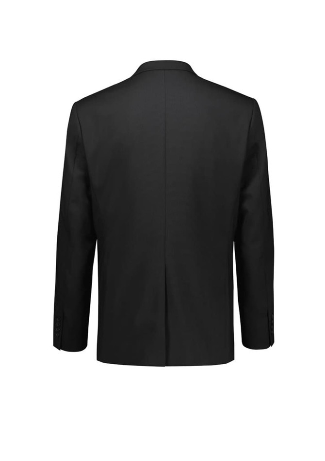 A black men's blazer with a sleek design, featuring a back vent and buttoned cuffs, has a logo on the back.