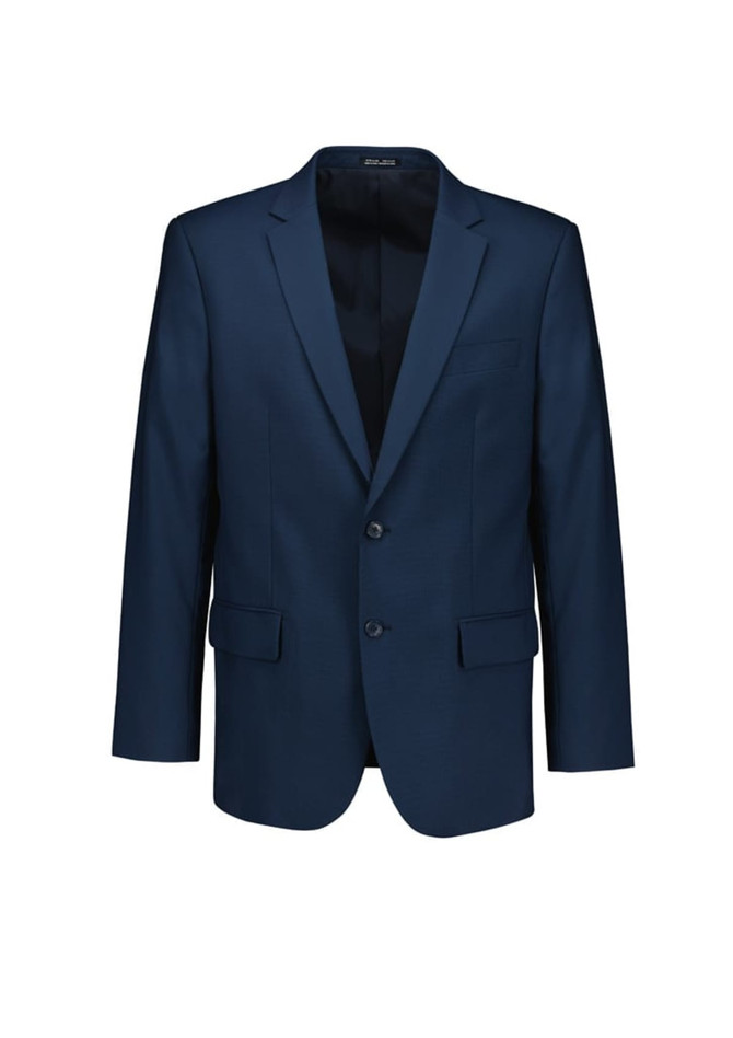 A navy blue men's jacket with a tailored fit, featuring two front pockets and a single-button closure.