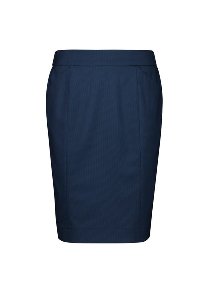 A navy pencil skirt with a tailored fit, featuring a sleek design and subtle pleats. It has a logo.