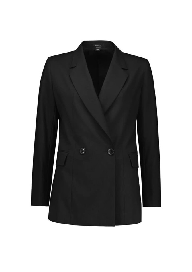 A black double-breasted longline jacket with a tailored fit and two front pockets.