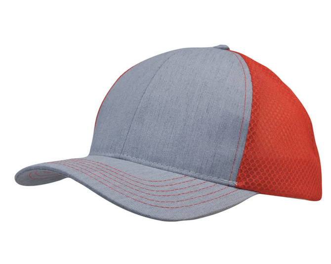 A grey cap with a red honeycomb mesh back, featuring a curved brim and a logo.