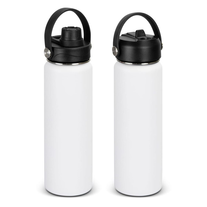 A drink bottle in matte white with a black lid and handle, featuring a logo on the side.