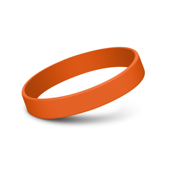 An orange silicone wristband with a smooth, debossed finish. It features a branding logo.