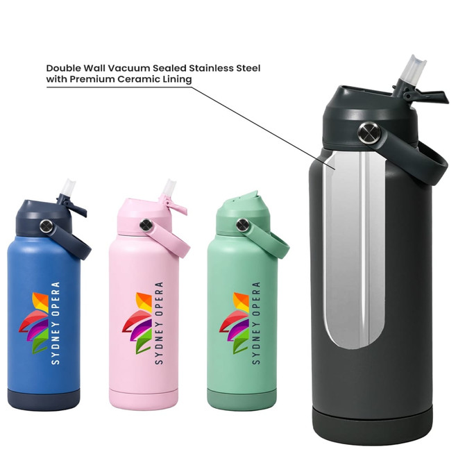 A drink bottle set featuring four bottles in pink, green, grey, and blue with ceramic lining and a logo.
