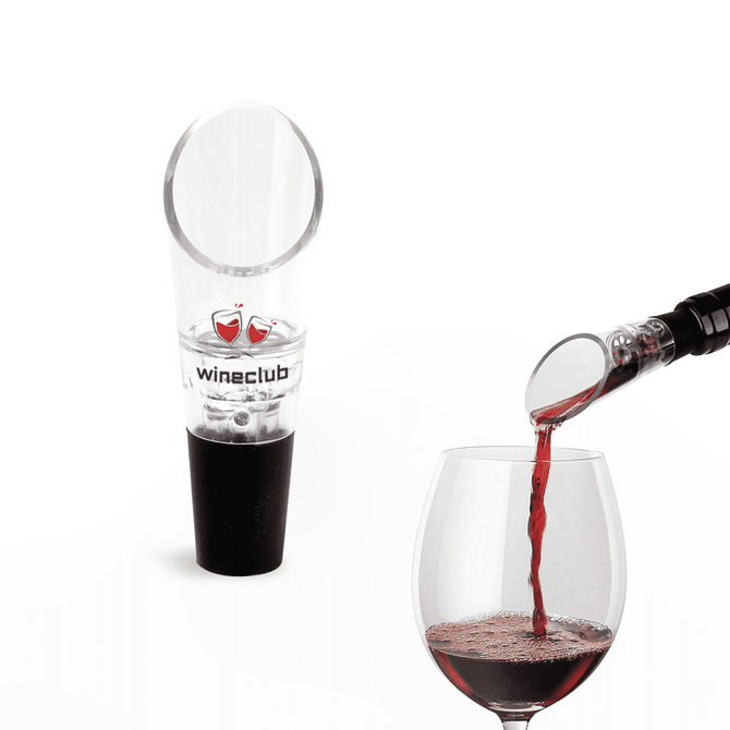 A wine aerator in clear plastic, pouring red wine into a glass, featuring a black base and a logo.