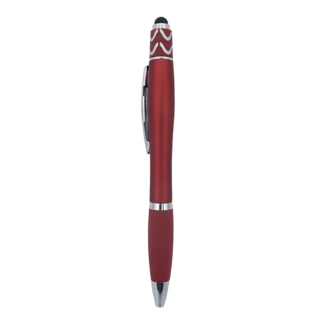 A red Spinner Fidget Pen featuring a stylus tip and a polished silver clip, with decorative patterns near the top.