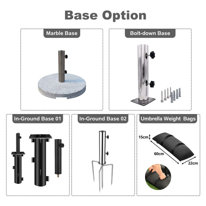 Various base options for a 4x4m wind-resistant outdoor umbrella, including marble, bolt-down, in-ground bases, and weight bags.