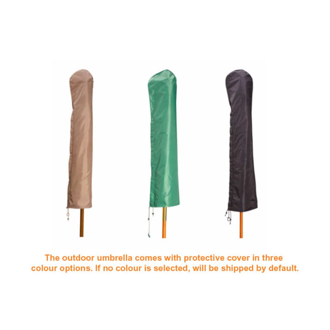 Three protective covers for outdoor umbrellas in beige, green, and black. Each cover has a secure fit.
