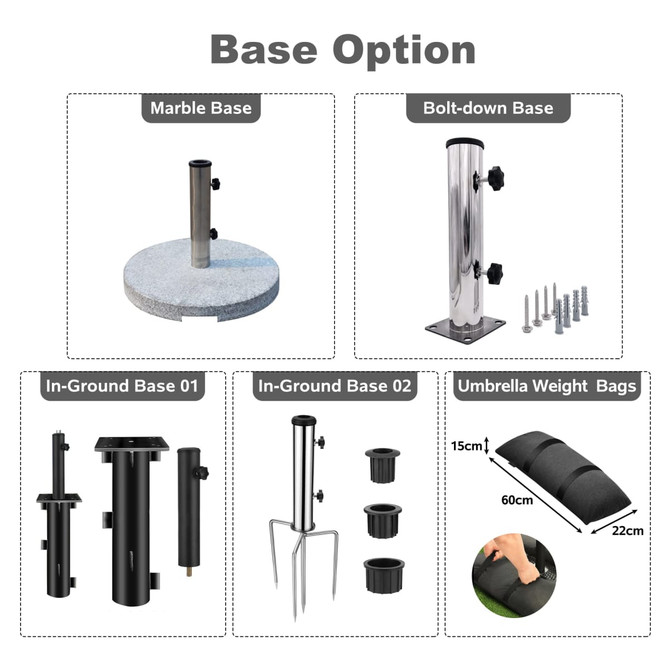 Variety of base options for an outdoor umbrella, including marble, bolt-down, and in-ground bases, in black and silver tones.