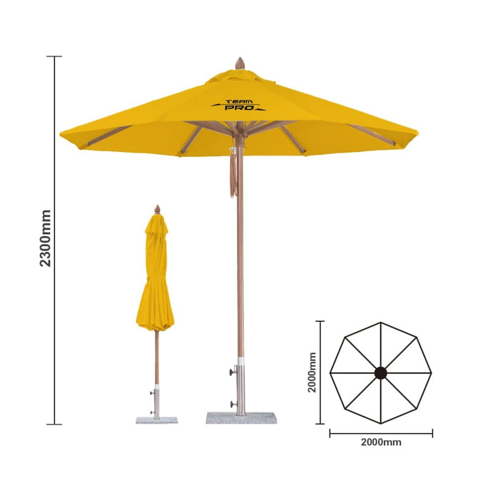 A yellow wind-resistant octagon outdoor umbrella with a wooden frame and a logo, shown with its dimensions.