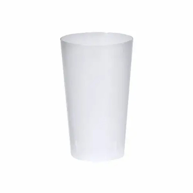 A plastic cup in translucent white with a sleek, cylindrical design and a logo.