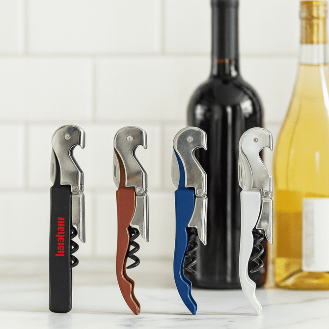 A drink bottle opener in four colours: black, brown, blue, and white, with a metal corkscrew and a logo.