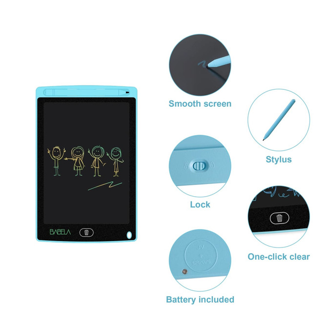 An LCD writing drawing tablet in blue, featuring a stylus, smooth screen, and a battery included.