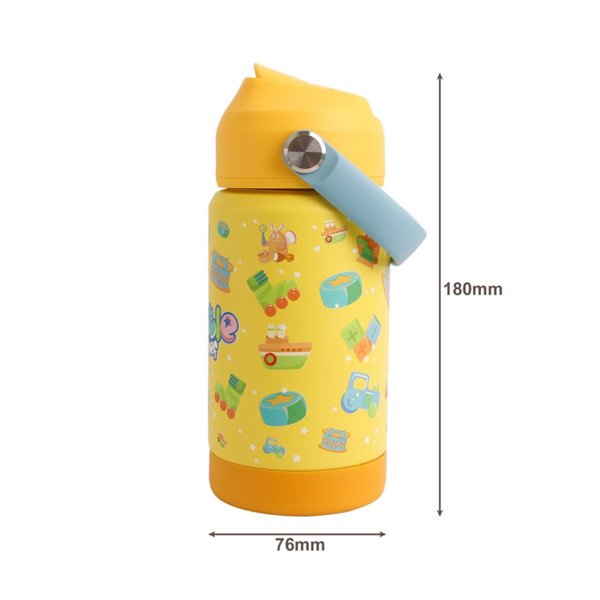 A drink bottle in yellow with playful illustrations and a blue handle, designed for kids, featuring a logo.