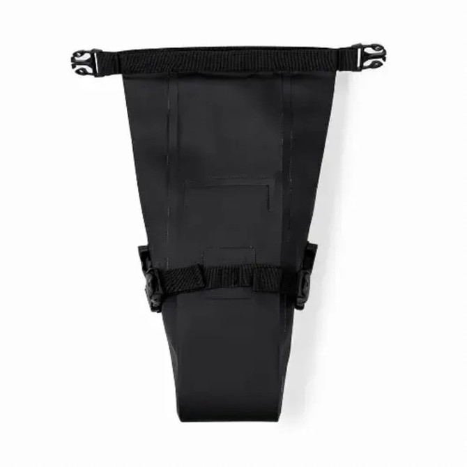 A black bike bag with adjustable straps and a branding logo. The bag features a triangular shape.