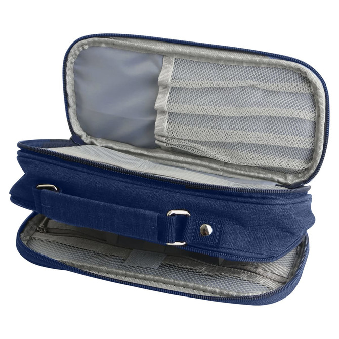 A navy pencil case with compartments and a handle, featuring a zipped opening and mesh sections inside.