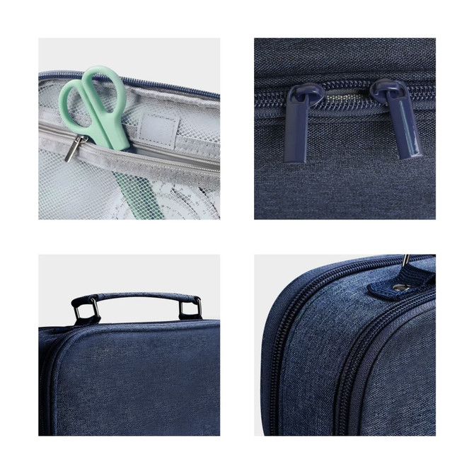 A pencil case in dark blue fabric featuring multiple compartments, a handle, and green scissors inside.
