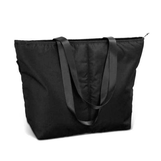 A black tote bag with two long handles and a zip closure, featuring a simple, sleek design.