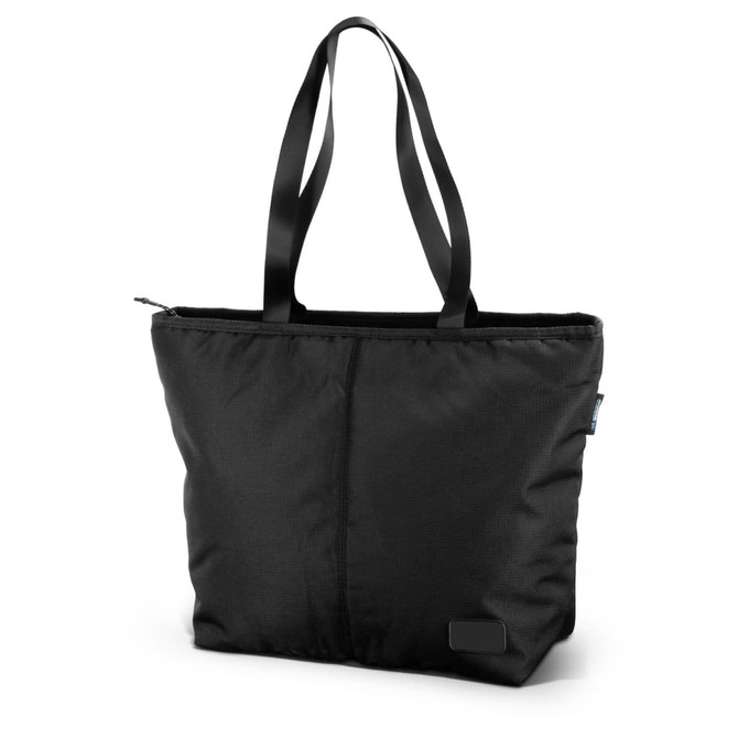 A black tote bag with two handles and a zip closure, featuring a small logo on the side.