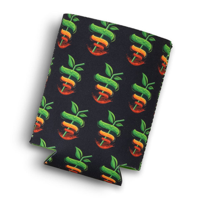 A drink bottle cooler featuring a black background with colourful apple designs and a branding logo.