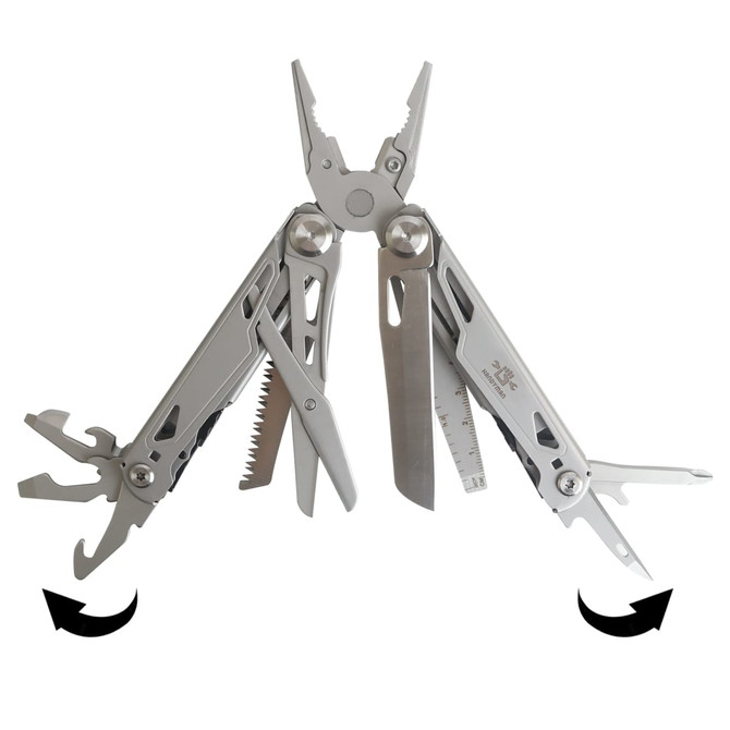 A silver multi-tool with pliers, a knife, saw, screwdriver, and other tools, featuring a logo.