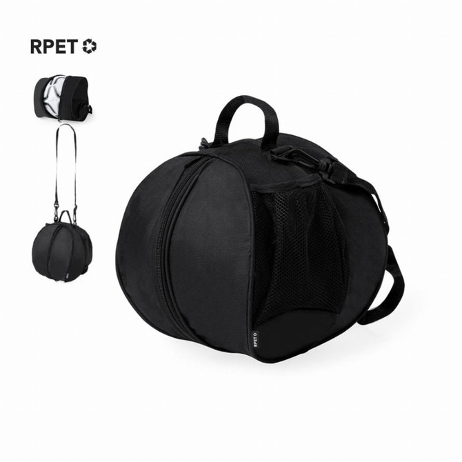 A black soccer ball bag with mesh pockets and adjustable straps, featuring a logo.