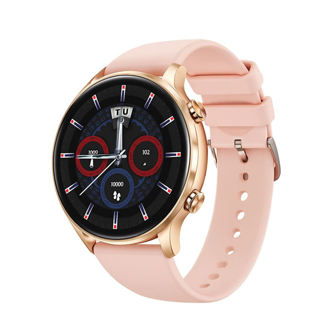 A rose gold smart watch with a black face and pink strap, featuring multiple dials and a logo on the side.