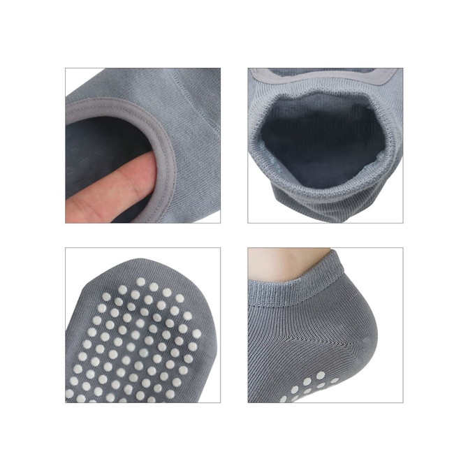 Open top yoga sock in grey featuring anti-slip grip on the sole and a large opening for comfort. Includes branding.