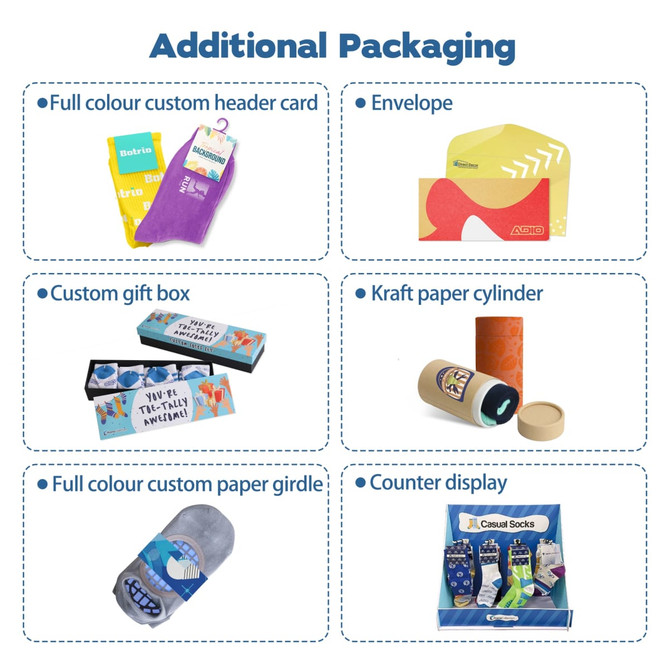A variety of colourful packaging options, including custom boxes, cards, and envelopes for socks and accessories.