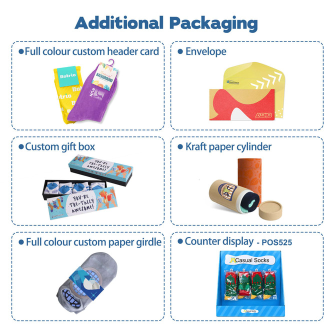 A variety of packaging options including a custom gift box, envelope, and colourful header card, featuring vibrant designs.