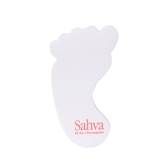 A foot-shaped sticky note pad in white, featuring a logo in pink.