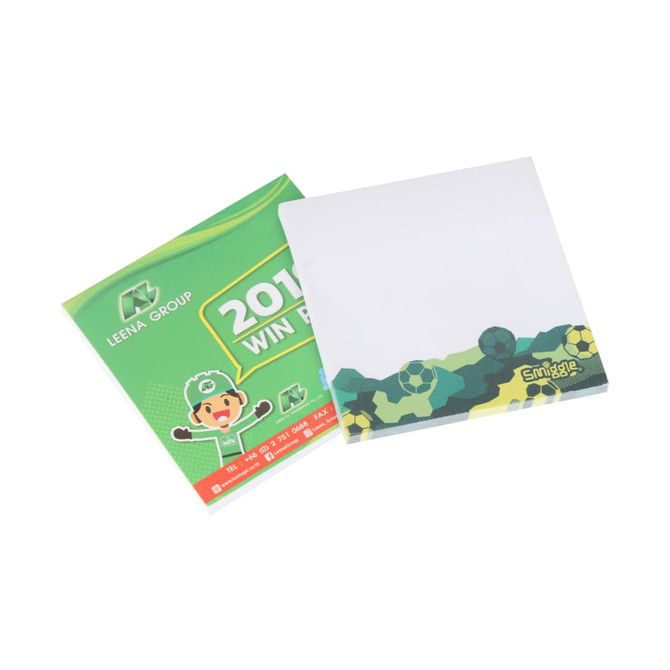 Custom shaped sticky note memo pads in white with a green and camouflage pattern featuring sports elements. Includes branding.
