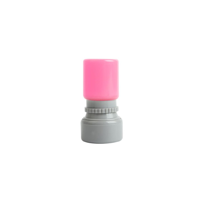 A pink round stamp with a grey base, featuring a logo on the body.