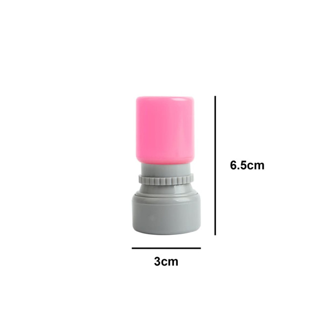 A grey and pink round stamp featuring a cylindrical design, measuring 6.5 cm in height and 3 cm in diameter.