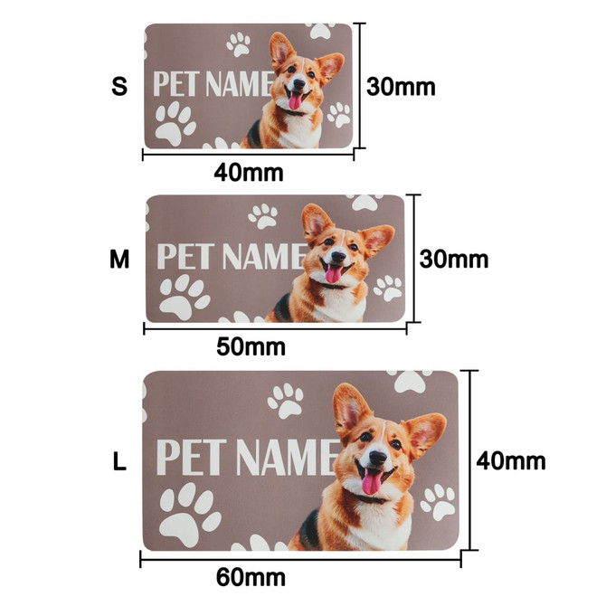 A pet feeding mat in brown featuring a dog design and paw prints, available in three sizes: S, M, and L.