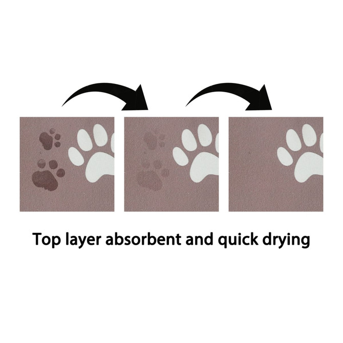 A pet feeding mat featuring a brown surface with paw print designs in light and dark colours. It has a logo.