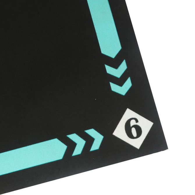 A black football training mat featuring turquoise markings and numbers, designed for outdoor use.
