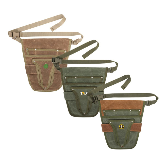 A set of three garden tool waist pouches in brown and green, featuring various pockets and straps, with logos.