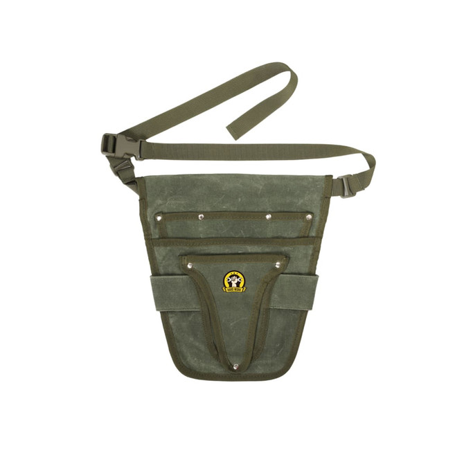 A green garden tool waist pouch with multiple pockets and a belt strap. It features a logo on the front.