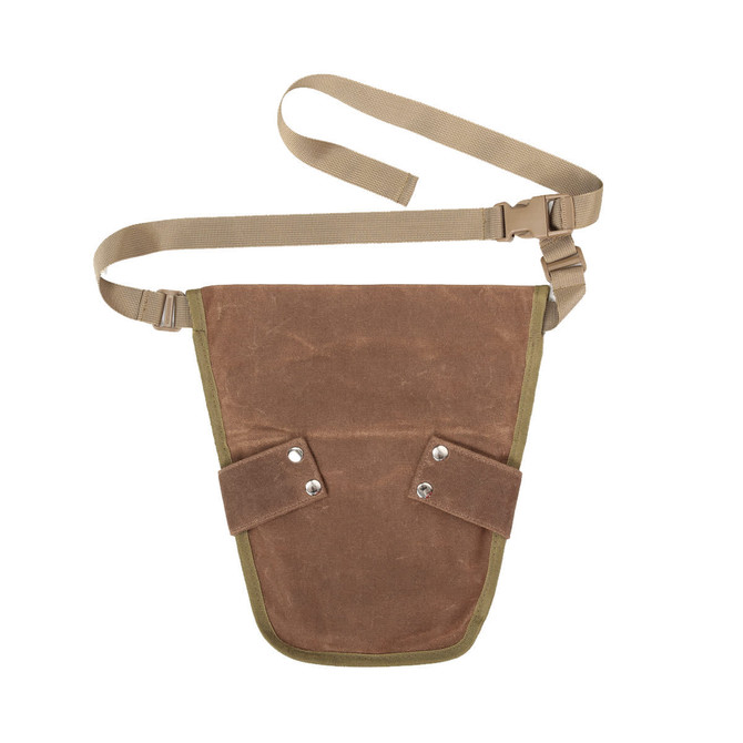 A brown garden tool waist pouch with adjustable straps and snap buttons, featuring a green trim.