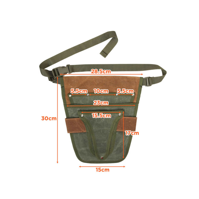 A green and brown garden tool waist pouch with multiple pockets and a strap, featuring a logo.