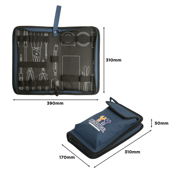 A navy tool kit bag with various compartments for tools, featuring an interior with tool illustrations and a logo.