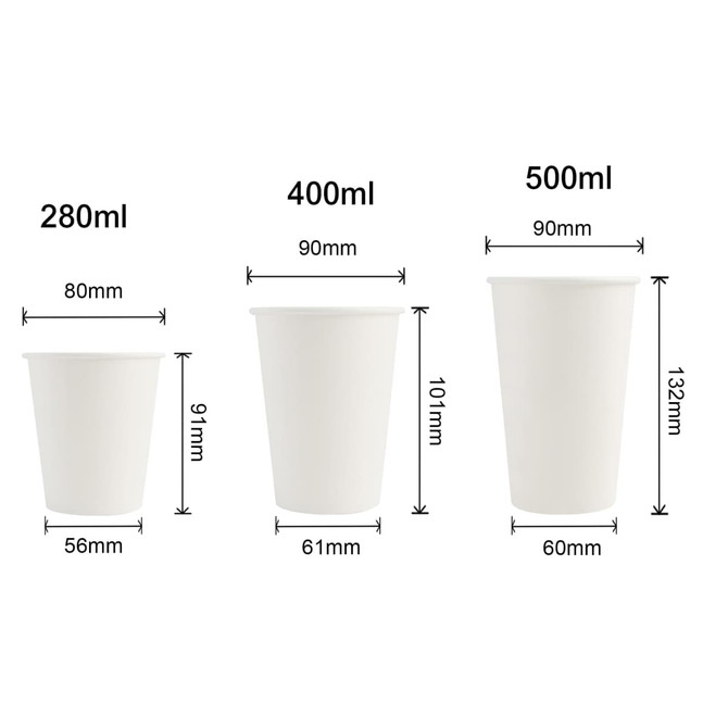 Three white disposable paper cups of different sizes: 280ml, 400ml, and 500ml, each with measurements indicated.
