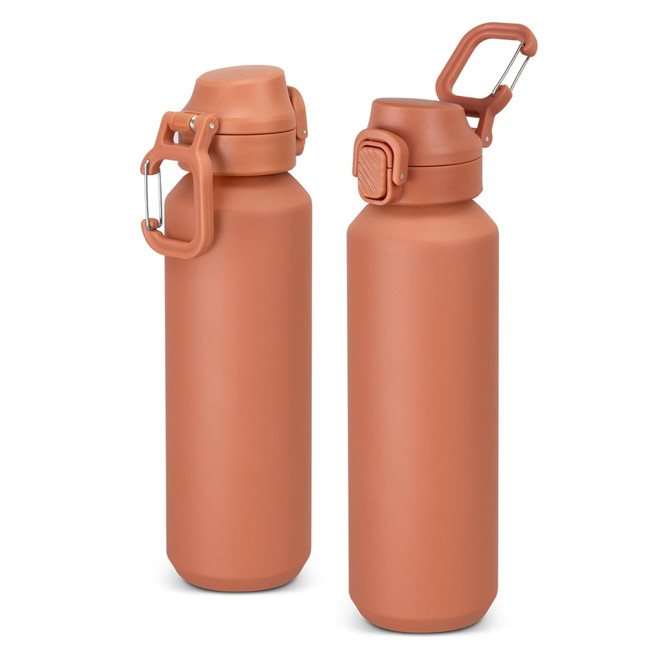 A drink bottle in terracotta colour, featuring a secure lid and a clip attachment. It has a logo on its body.