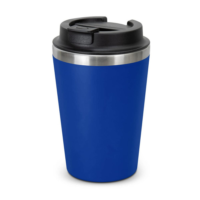 A blue travel coffee cup with a stainless steel band and a black lid, featuring a logo.
