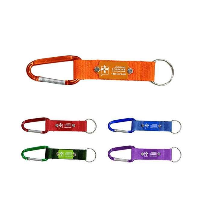 A selection of carabiner keyrings in orange, red, green, blue, and purple, featuring a logo on each.