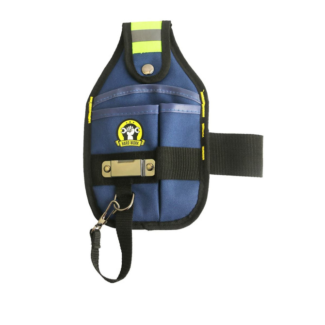 A portable tool waist pouch in navy blue with reflective strips and a clip for attachment. It features a logo.