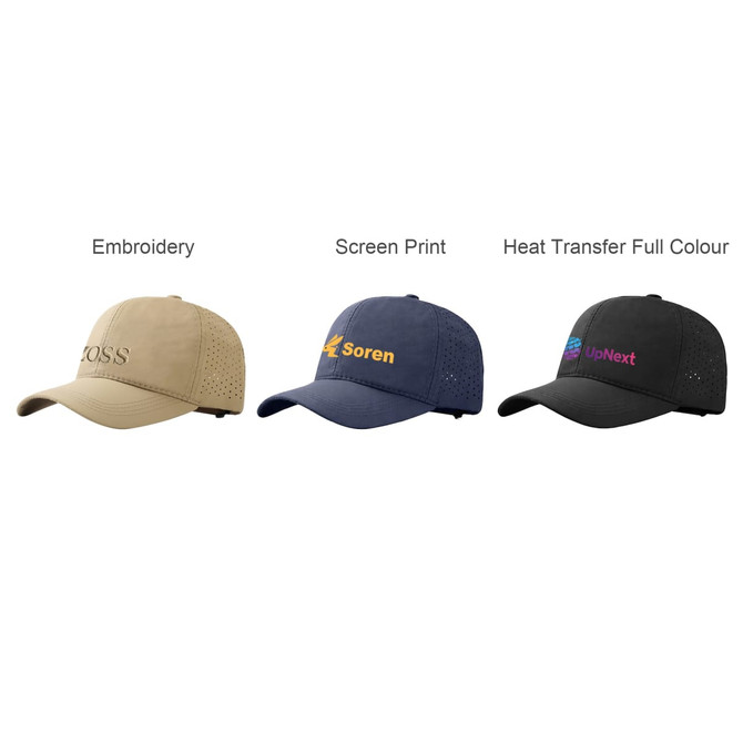 Three caps in beige, navy, and black, featuring different types of branding: embroidery, screen print, and heat transfer.